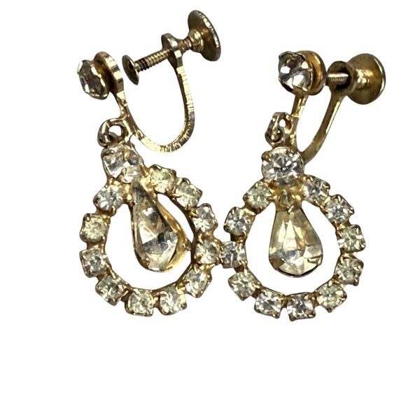 Vintage Gold-Tone Screw Back Clip-On Earrings Clear Rhinestones Teardrop Accent - Picture 1 of 16